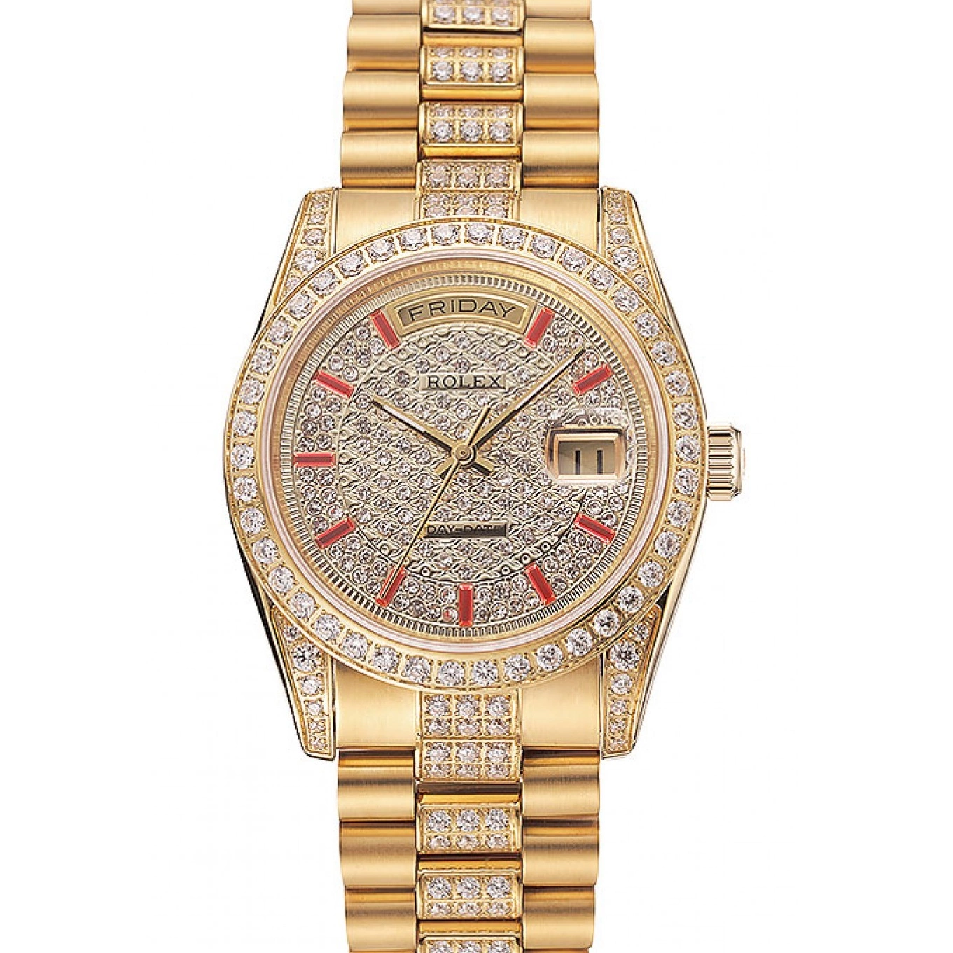 Best AAA Replica Sites Swiss 1453960 Diamond Gold Bracelet Day-Date Rolex Diamond Red Pave Dial 0616